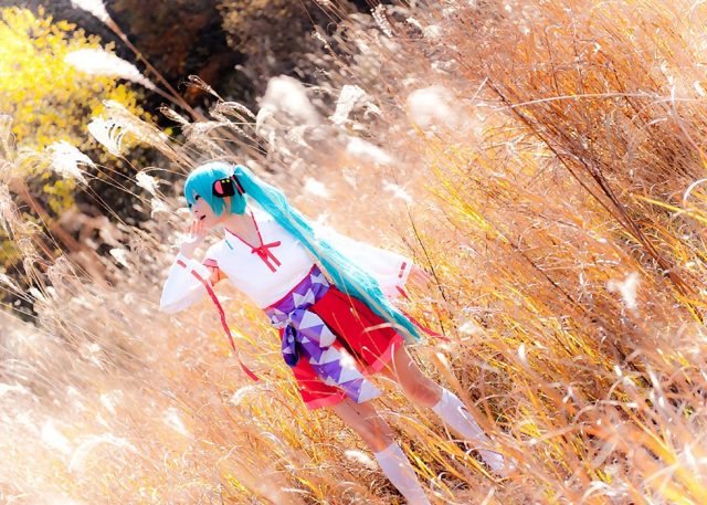 コスプレイヤー アゲハ ミニスカの巫女服にハイソックスがエロい 初音ミクの巫女コスプレ画像